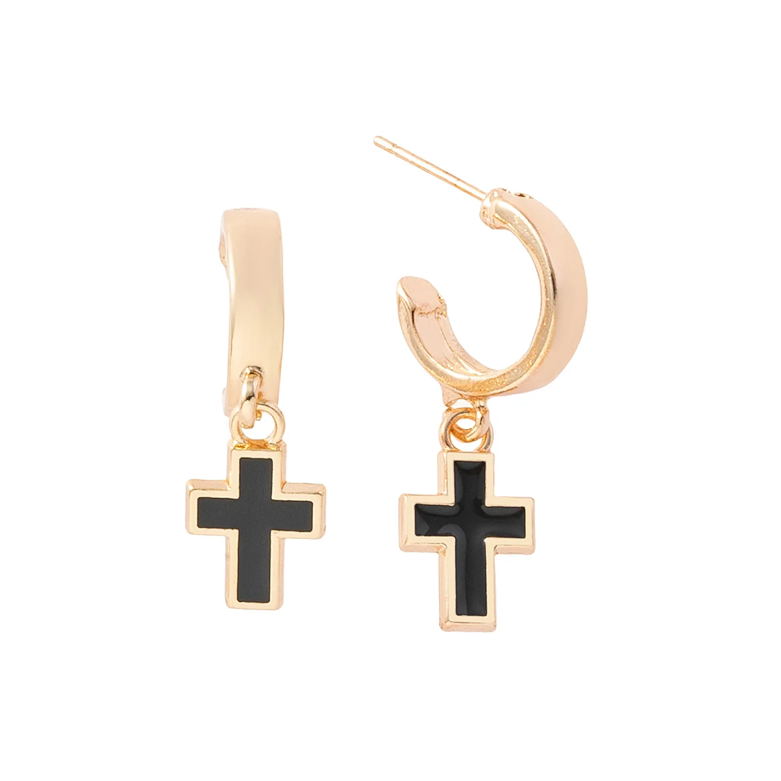Guldfärgade örhängen hoops med svarta kors 1x3 cm