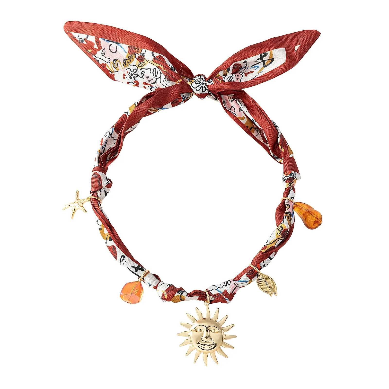 Guldfärgat halsband, mönstrad scarf med sol 68 c