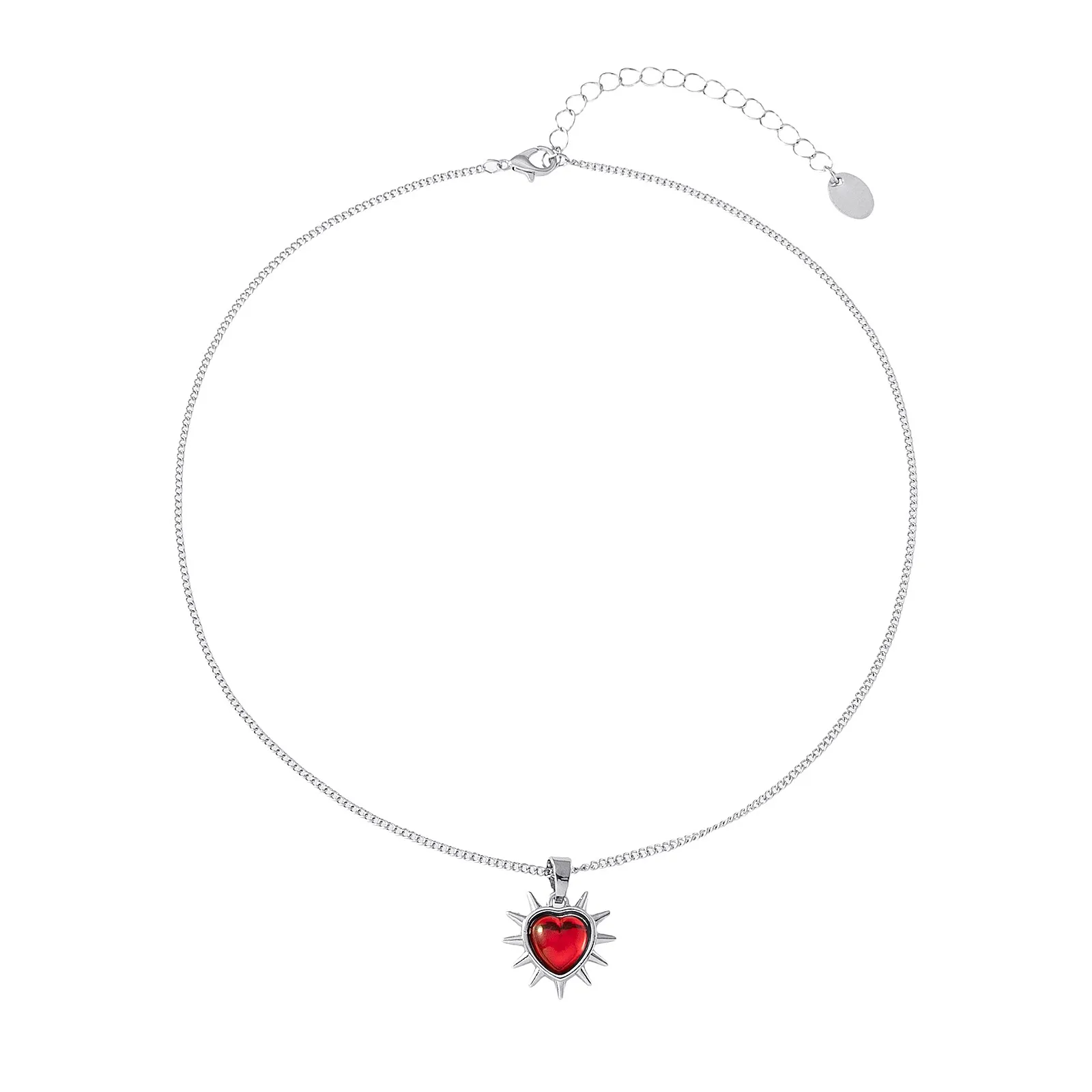 Silverfärgat halsband, rött hjärta med taggar 42+7 cm