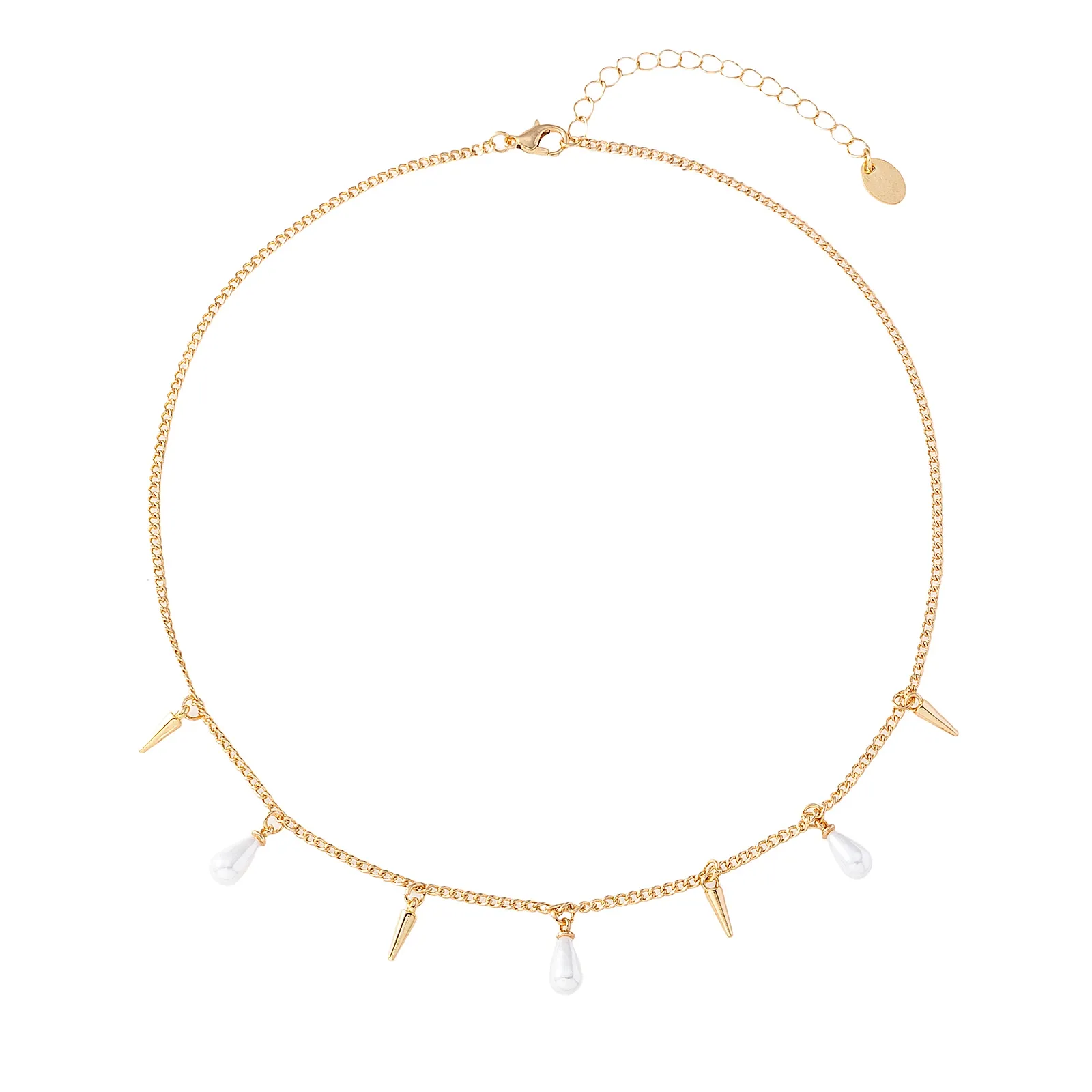 Guldfärgat halsband, pärldroppar och taggar 42+5 cm