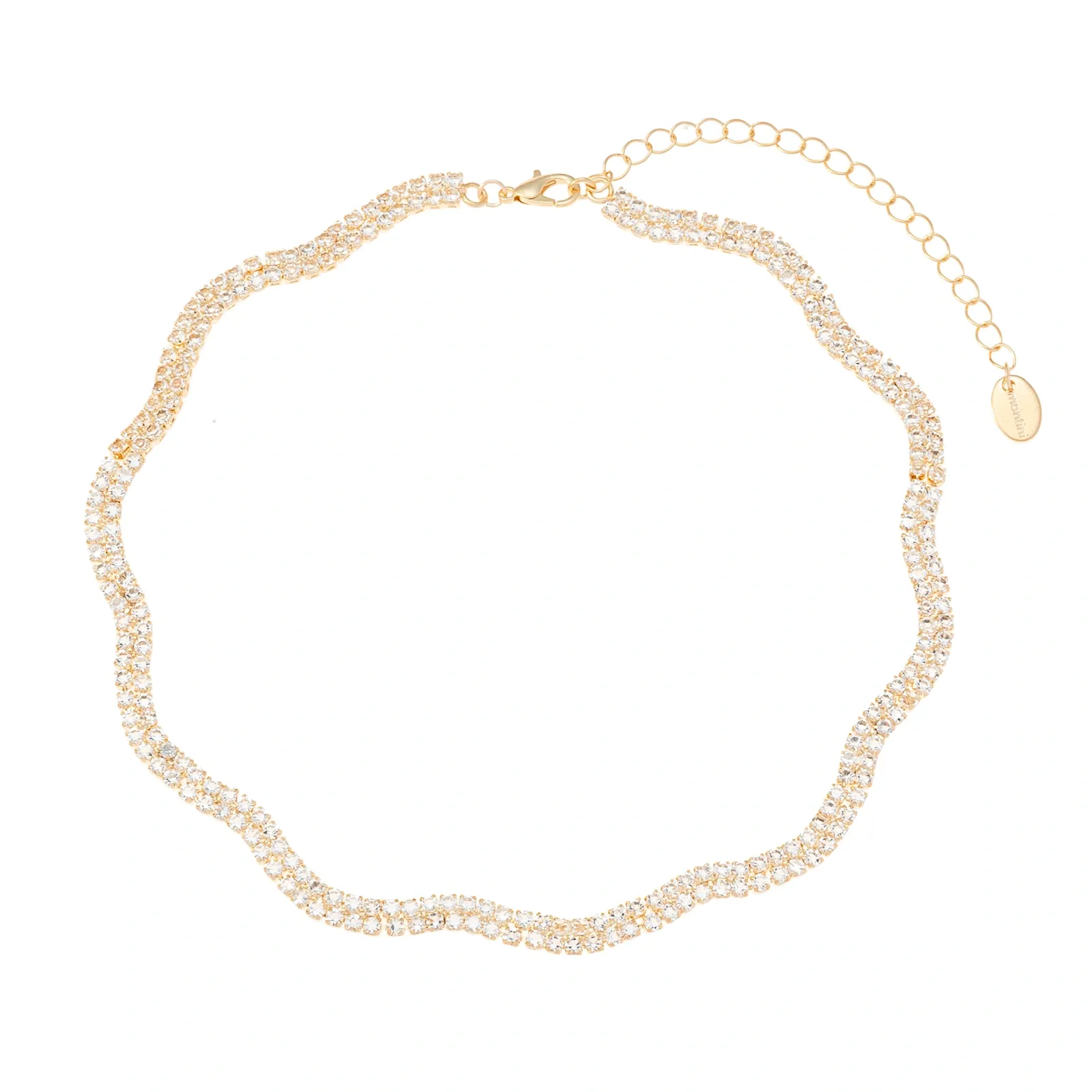 Guldfärgat halsband, vågig dubbelradig glaskristall 42+7 cm