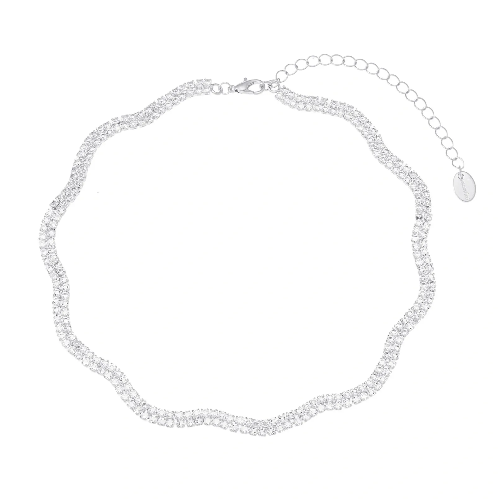 Silverfärgat halsband, vågig dubbelradig glaskristall 42+7 cm