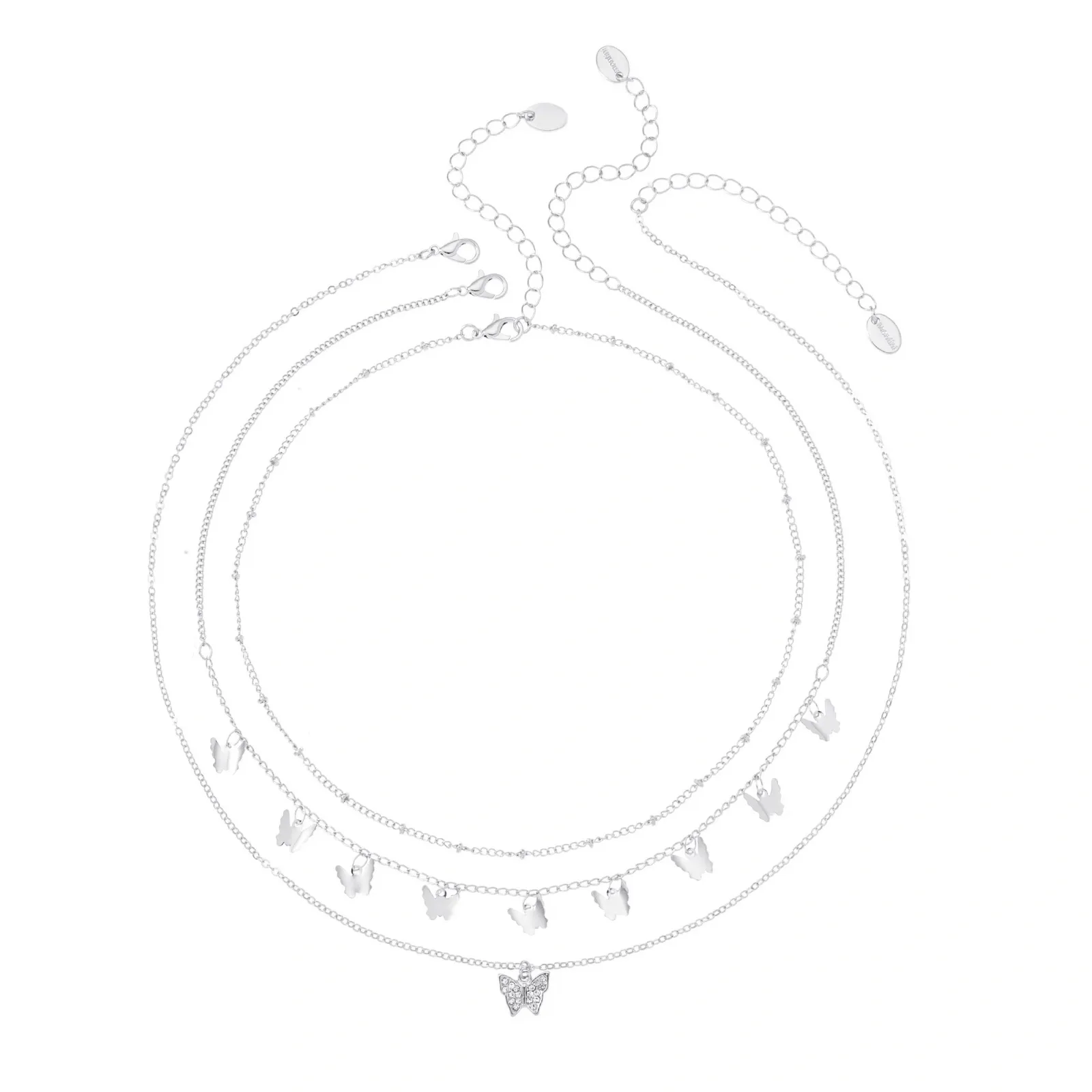 Silverfärgat halsband, 3-pack med fjärilar 42+7 cm