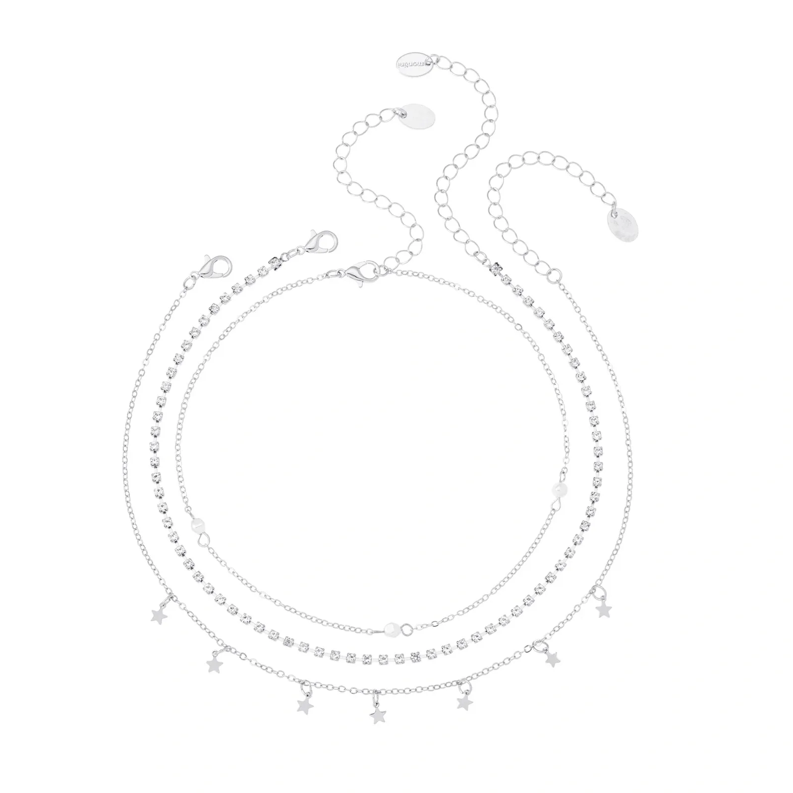 Silverfärgat halsband, 3-pack choker med stjärnor 32+7 cm