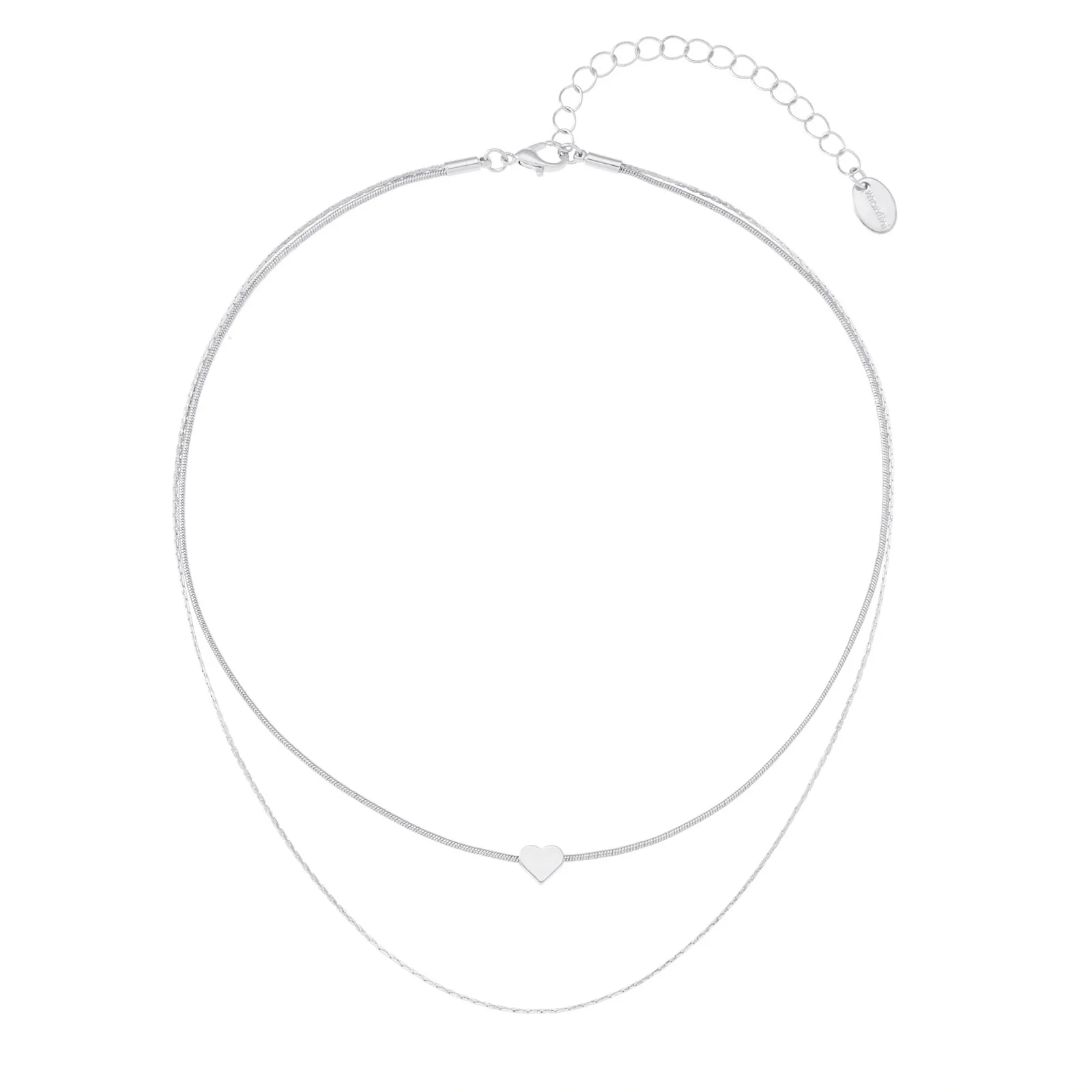 Silverfärgat halsband, 2 rader ormkedja med hjärta 42+7 cm