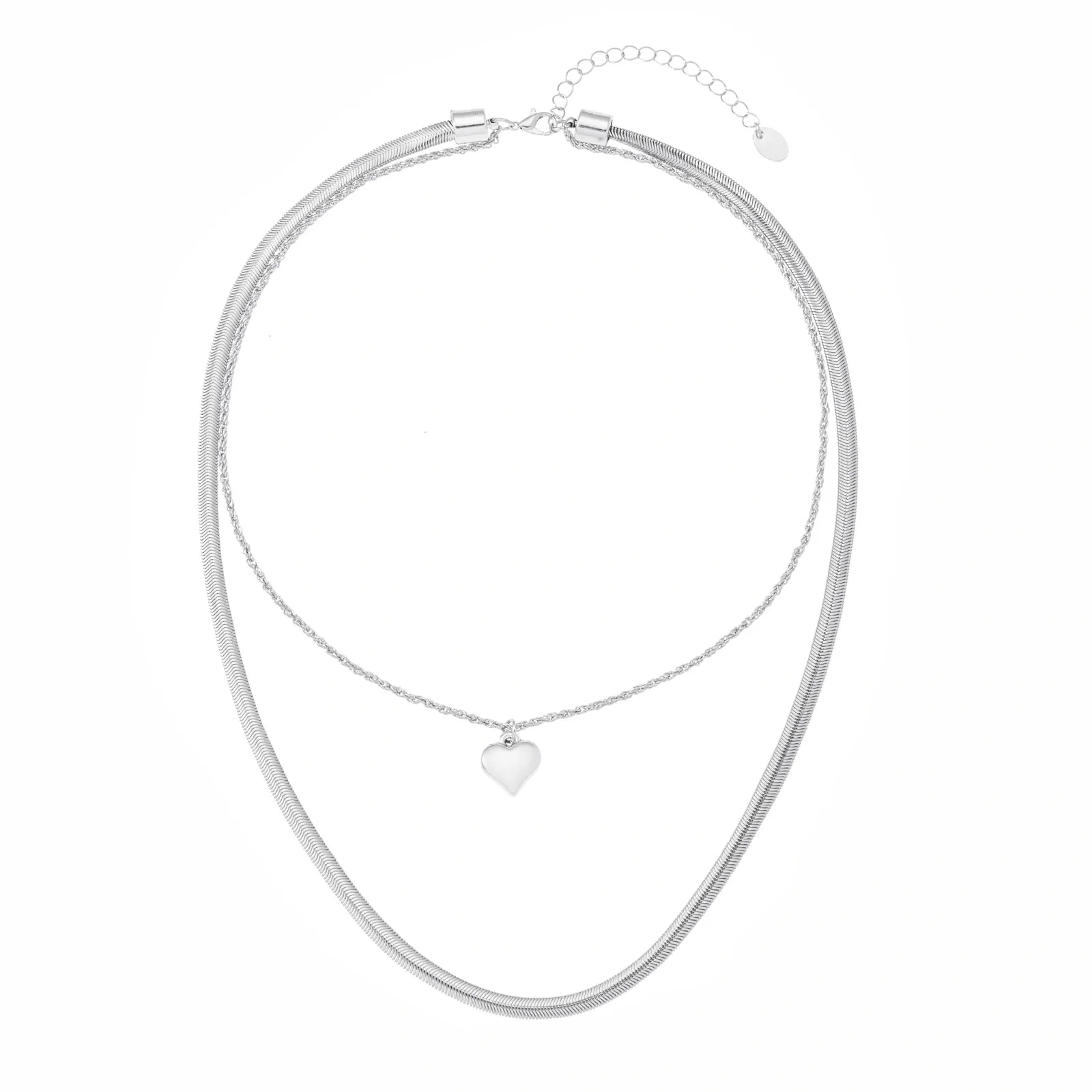 Silverfärgat halsband, dubbelradigt med hjärta 50+7 cm