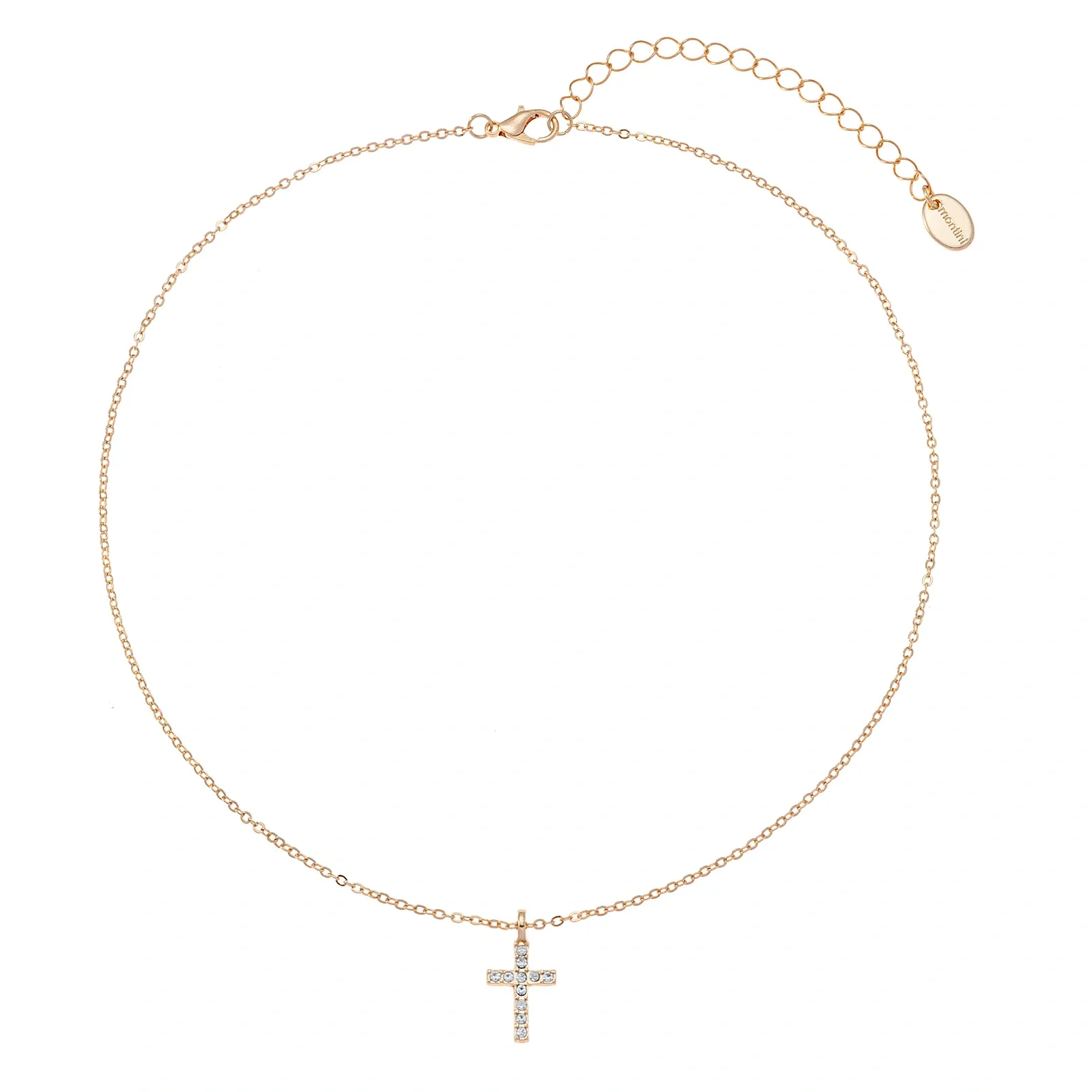Guldfärgat halsband, kors med glasstenar 42+7 cm